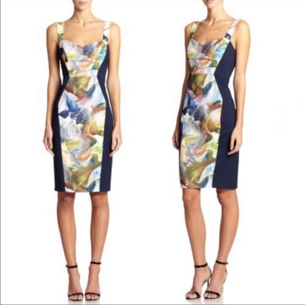 NWT BLACK HALO Sadie Colorblock Navy Blue Panel Dress with Floral Insert